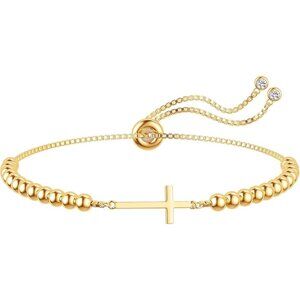 925 Sterling Silver CZ Bracelet - Bead Cross Bracelet Gold